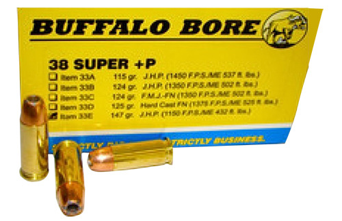 Ammunition Buffalo Bore Ammunition 432 ft lbs 38Super BBA 33E/20    38SUP +P    147 JHP            20/12